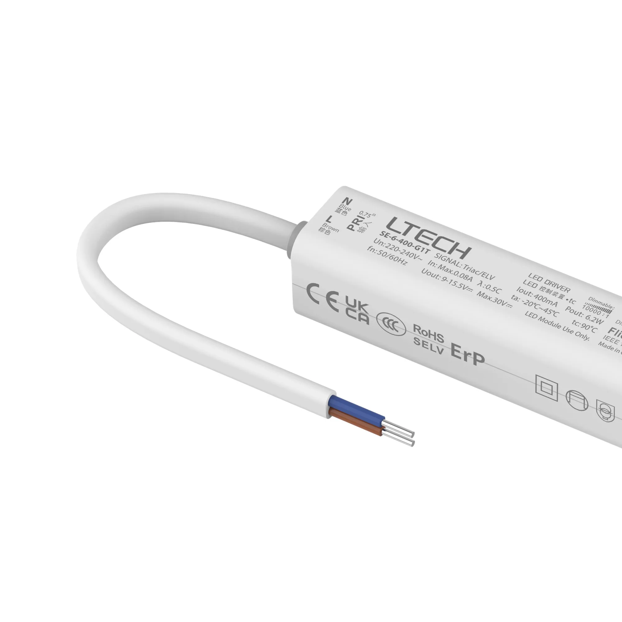 Triac/ELV, PWM,6W, C. Current Dimmable Driver, 400mA, DC:9-42Vdc, EFF>70%, IP20. SE-6-400-G1T  LTECH Triac Constant Current